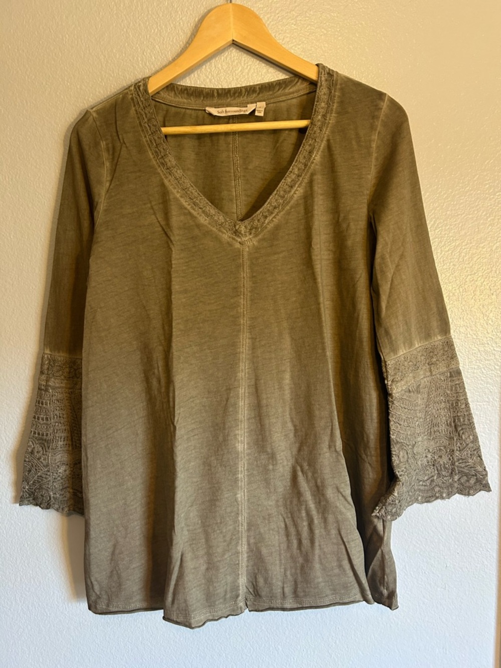 Soft Surroundings Olive Green V-Neck Knit Tunic with Crochet Bell Sleeves